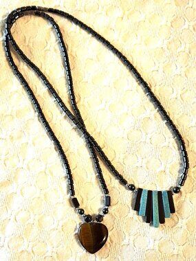 Set of 2 Hematite Stone Bead Necklaces Tiger Eye & Turquoise